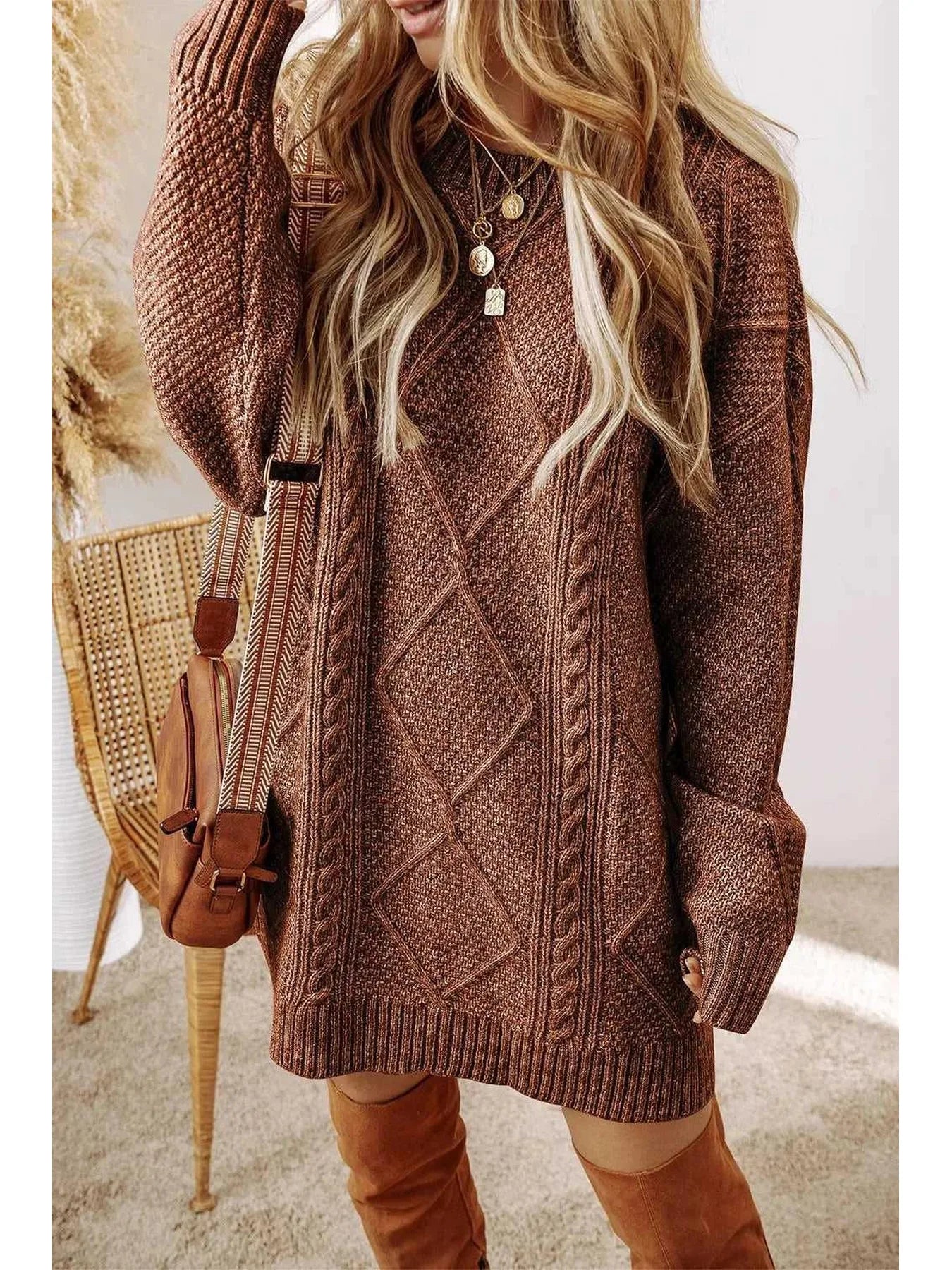 Cable-Knit Round Neck Sweater Dress -- 