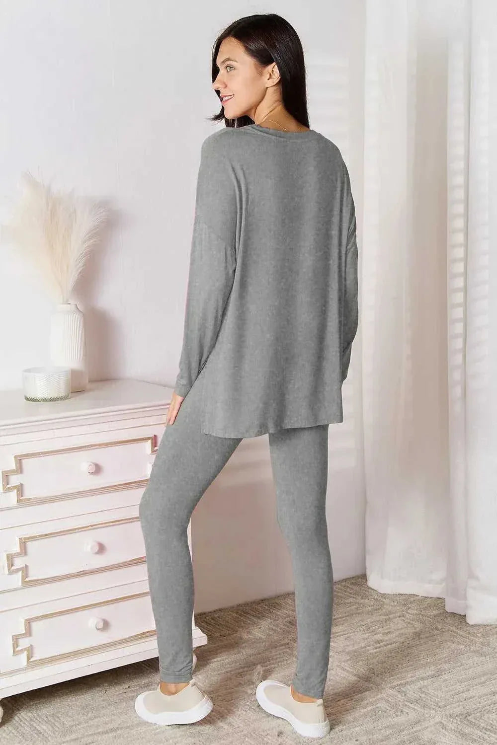 Basic Bae Bamboo Full Size V-Neck Long Sleeve Top and Pants Lounge Set -- 