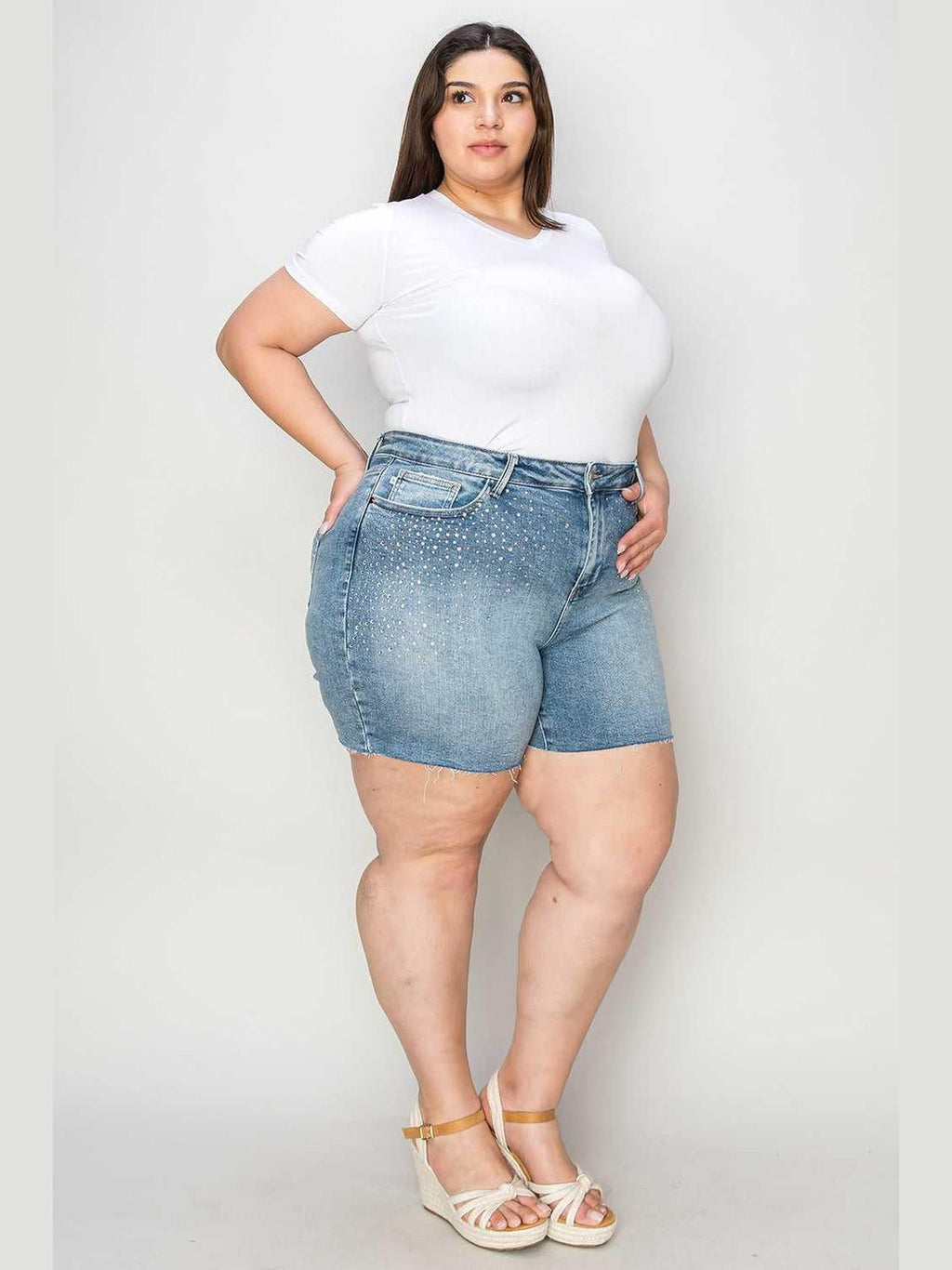 Judy Blue Full Size High Waist Rhinestone Decor Denim Shorts -- 