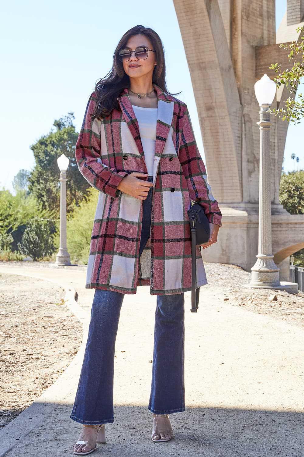 Double Take Full Size Plaid Button Up Lapel Collar Coat -- 