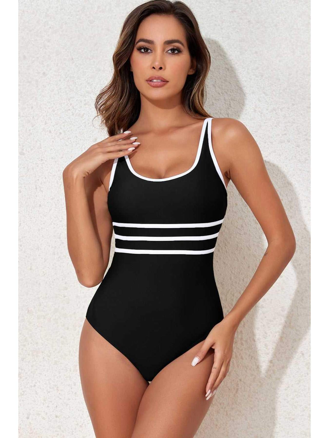 Contrast Trim Scoop Neck One-Piece Swimwear -- 