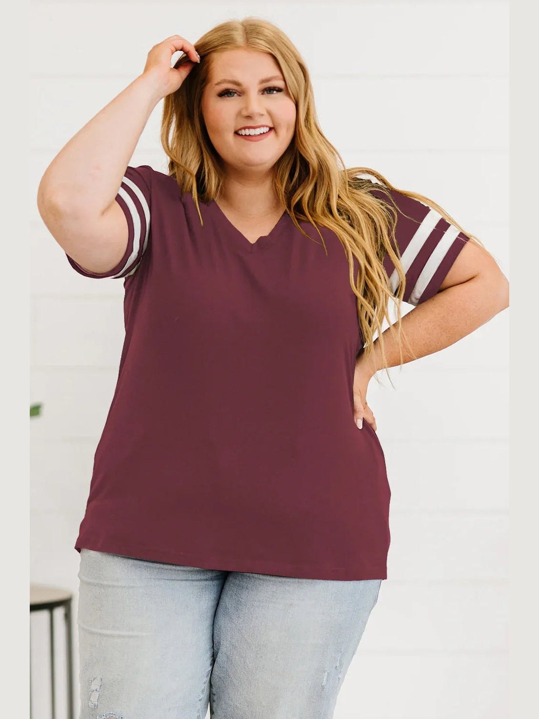 Plus Size Striped V-Neck Tee Shirt -- 