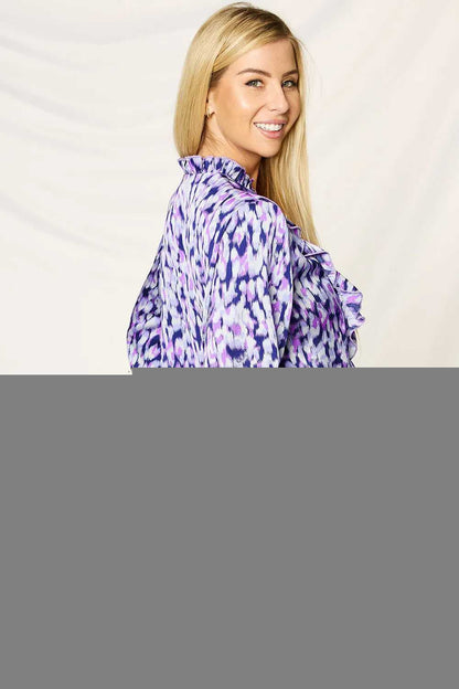 Double Take Full Size Printed Ruffle Trim Balloon Sleeve Shirt