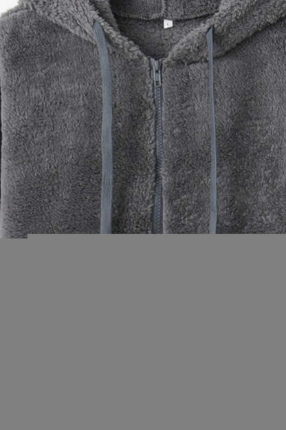 Full Size Quarter-Zip Drawstring Teddy Hoodie