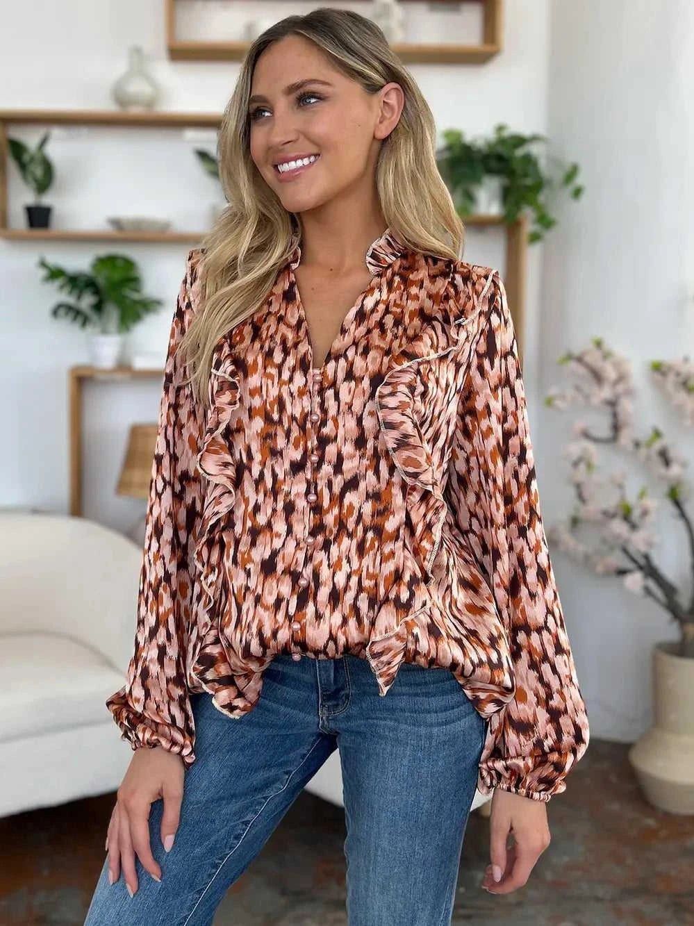Double Take Full Size Printed Ruffle Trim Balloon Sleeve Shirt -- 