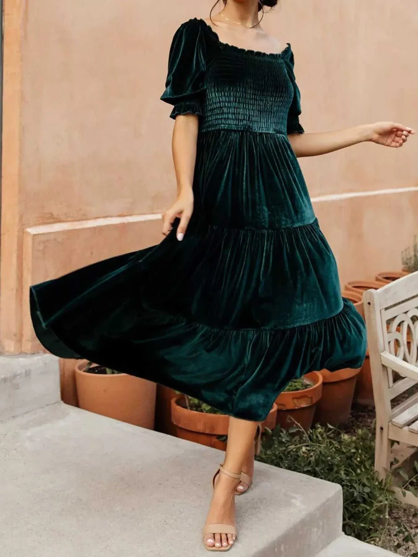 Velvet Smocked Tiered Midi Dress -- 