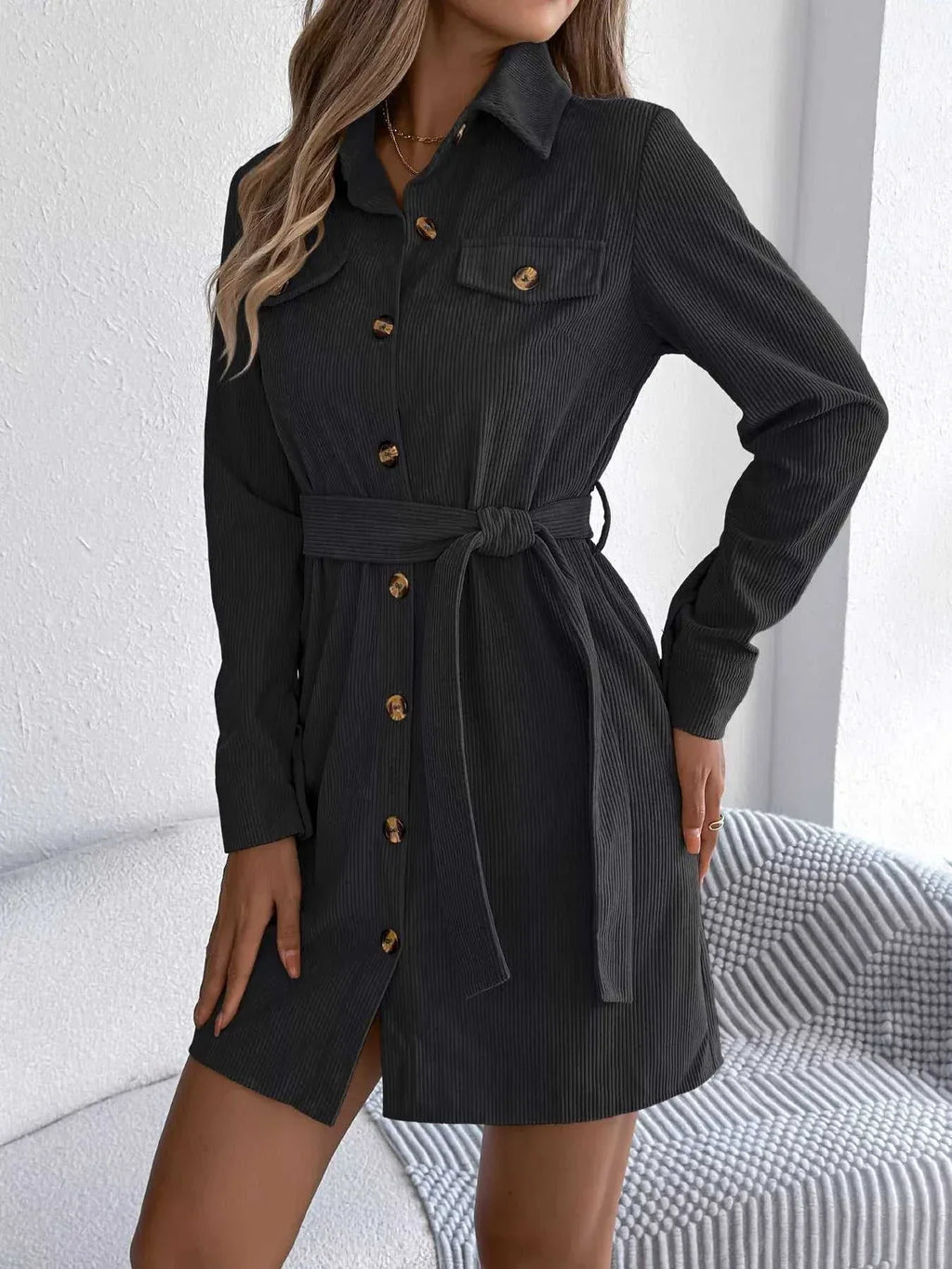 Button-Front Corduroy Shirt Dress -- 