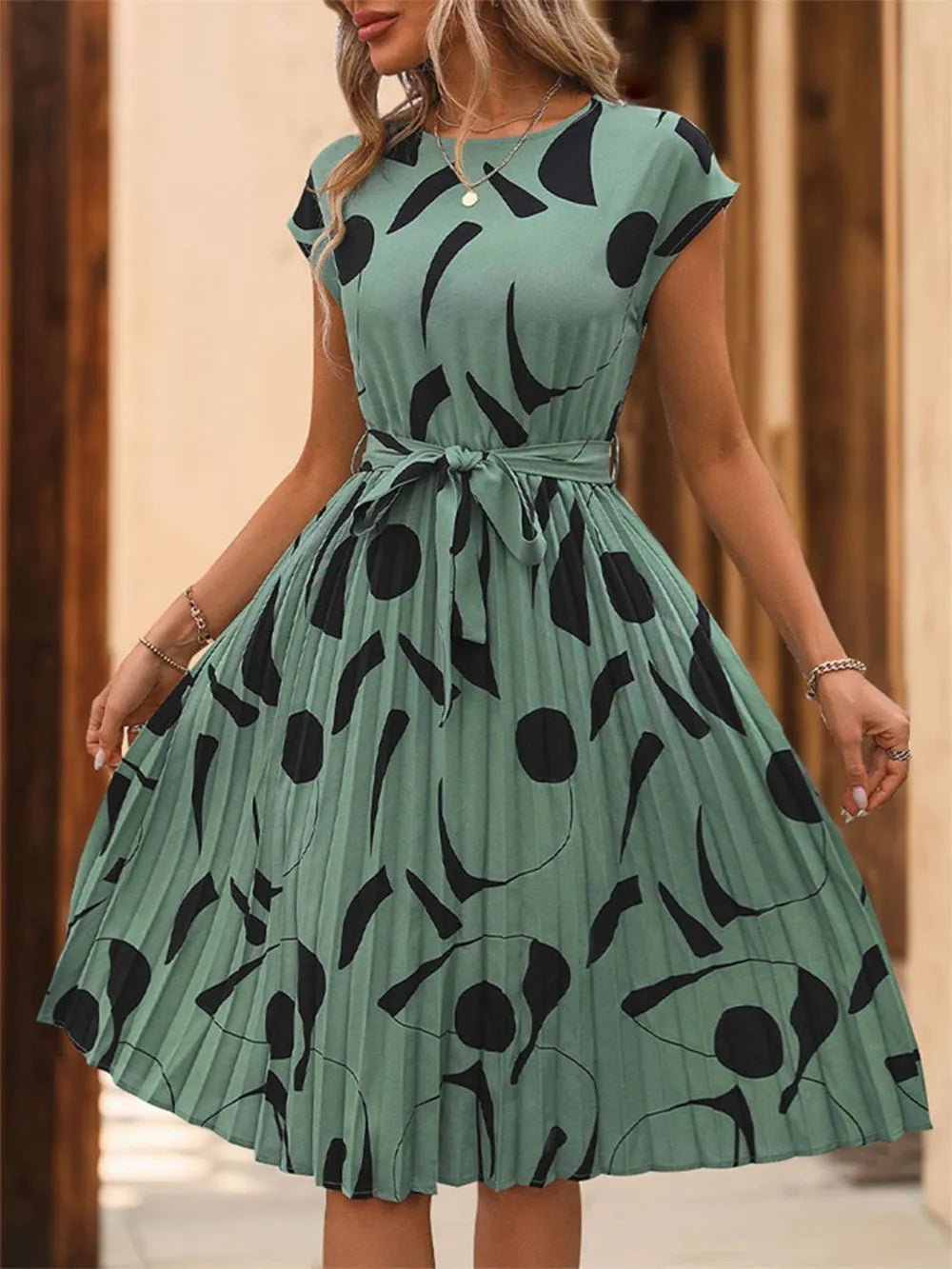 Tied Pleated Printed Midi Dress – Modest Cap Sleeve