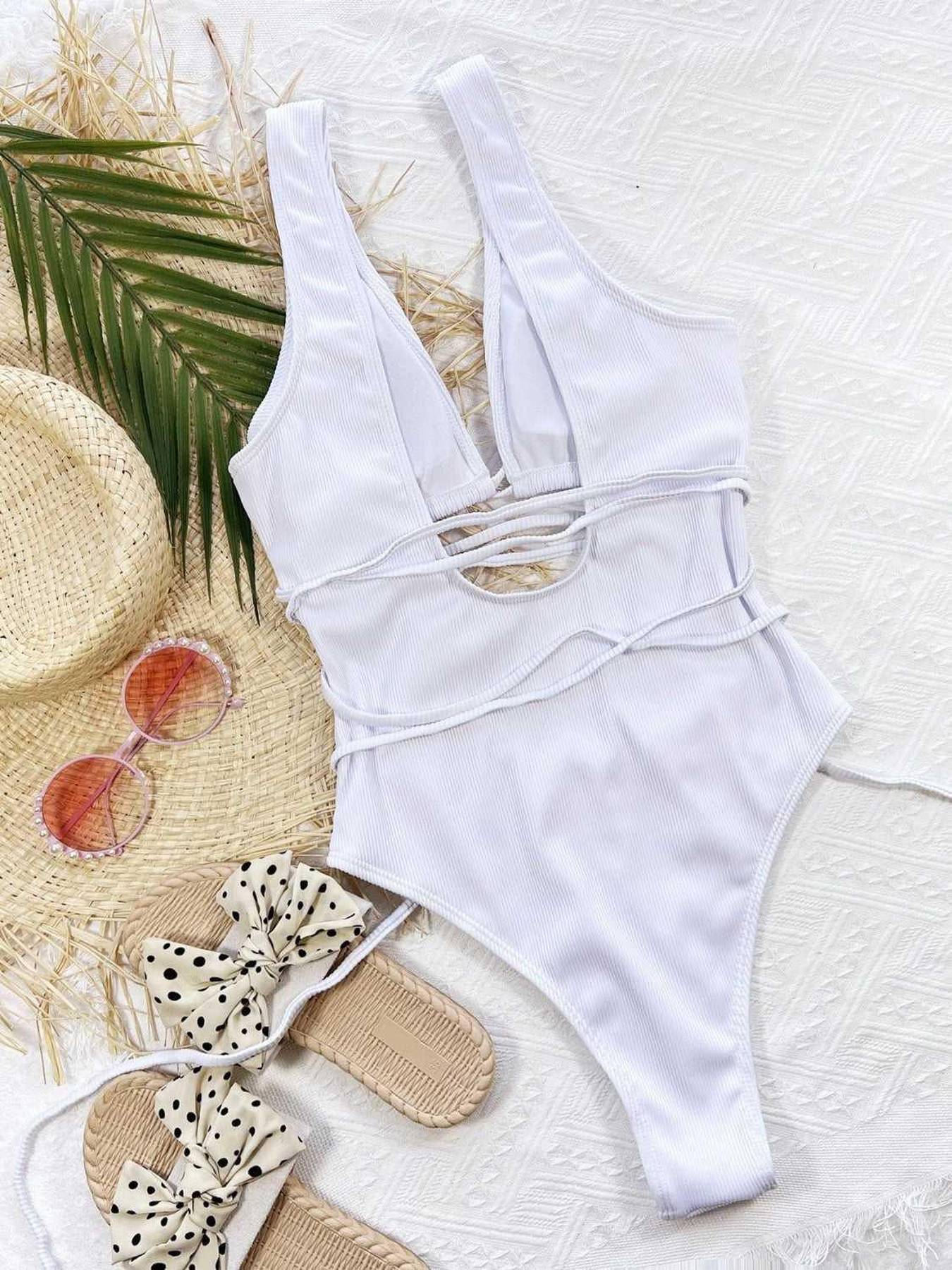 Ribbed Lace Up One-Piece Swimsuit -- 