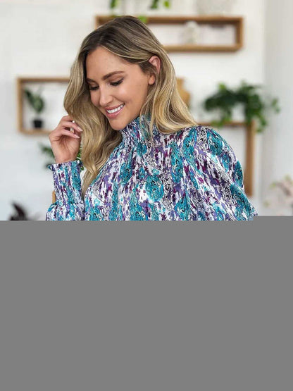Double Take Full Size Printed Smocked Long Sleeve Blouse