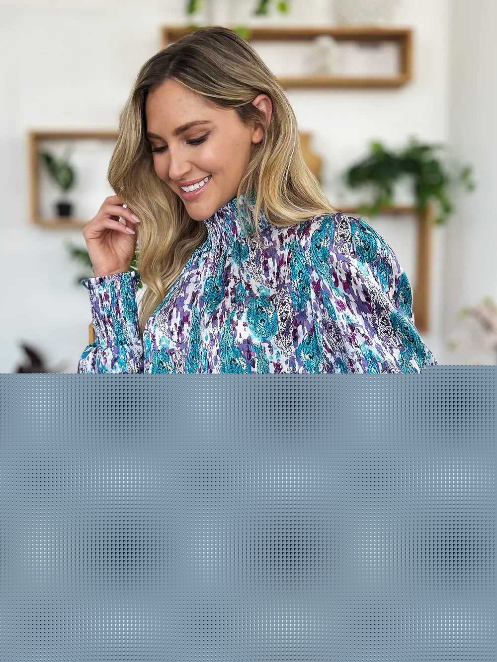 Double Take Full Size Printed Smocked Long Sleeve Blouse -- 