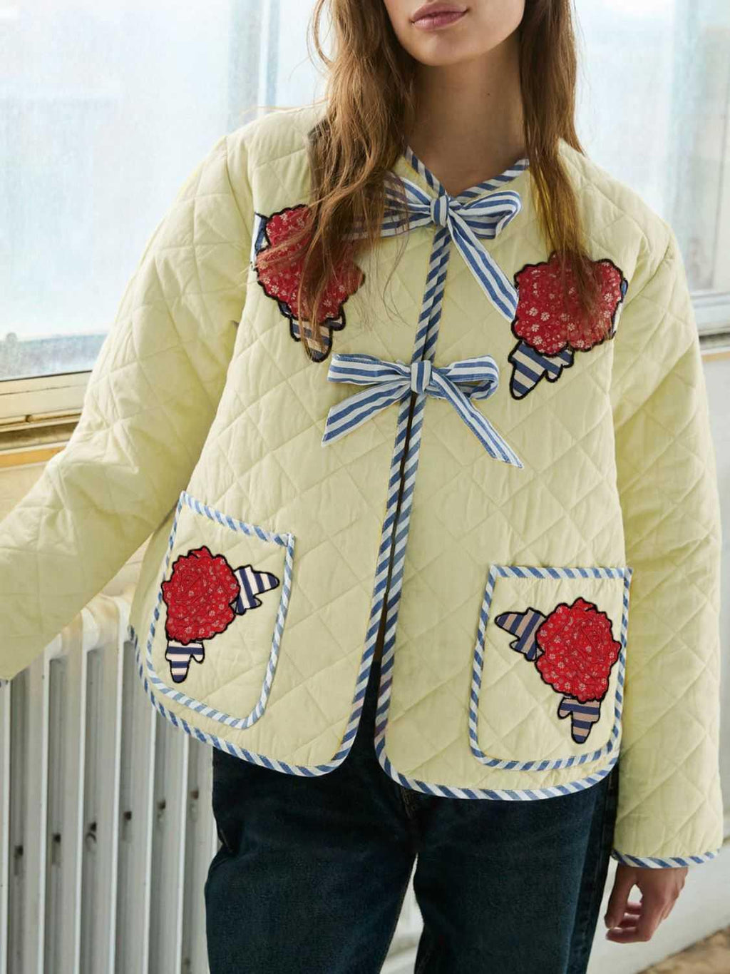 Embroidered Flower Tied Long Sleeve Winter Coat -- 