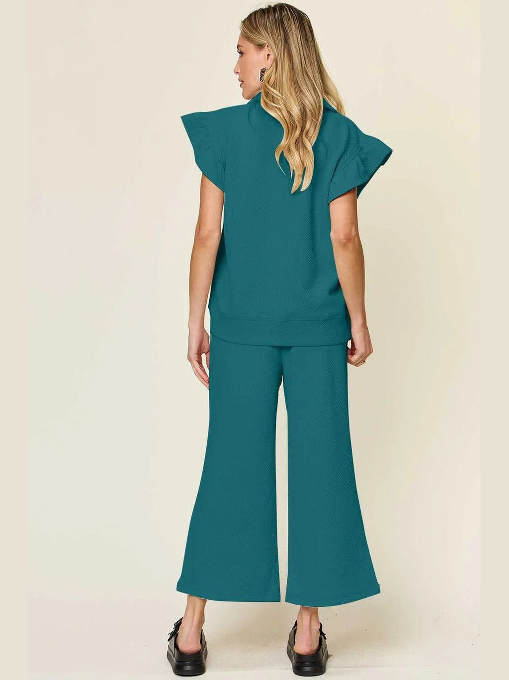 Ruffle Short Sleeve Top and Drawstring Wide Leg Pants Set -- 