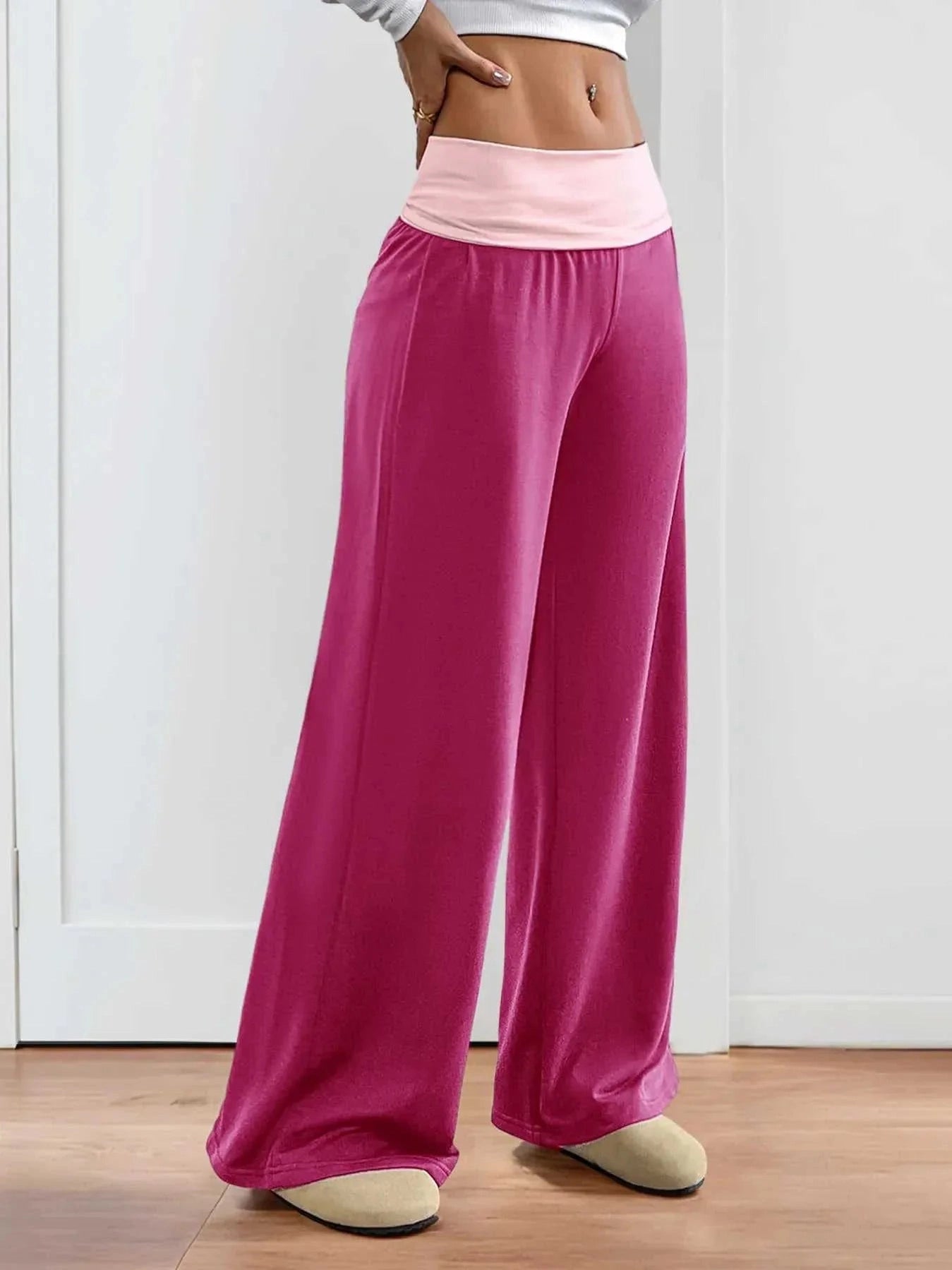 Contrast Waistband Wide Leg Pants -- 