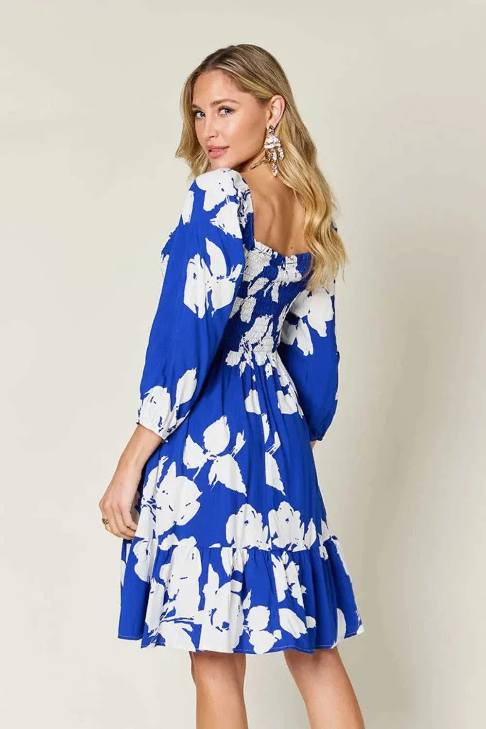 Double Take Full Size Floral Ruffle Hem Smocked Dress with Pockets -- 