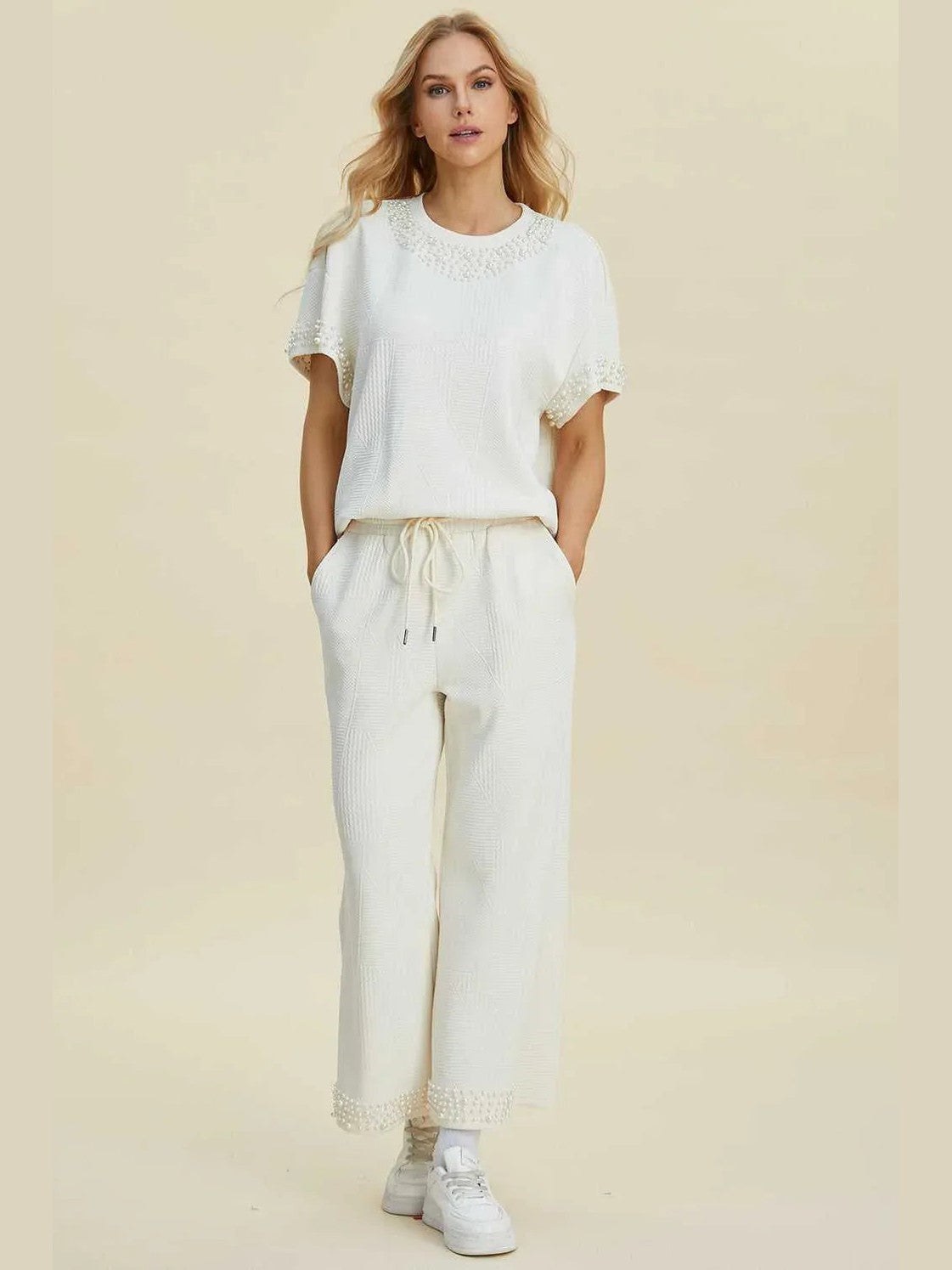 Double Take Full Size Pearl Detail Round Neck Top and Pants Set -- 