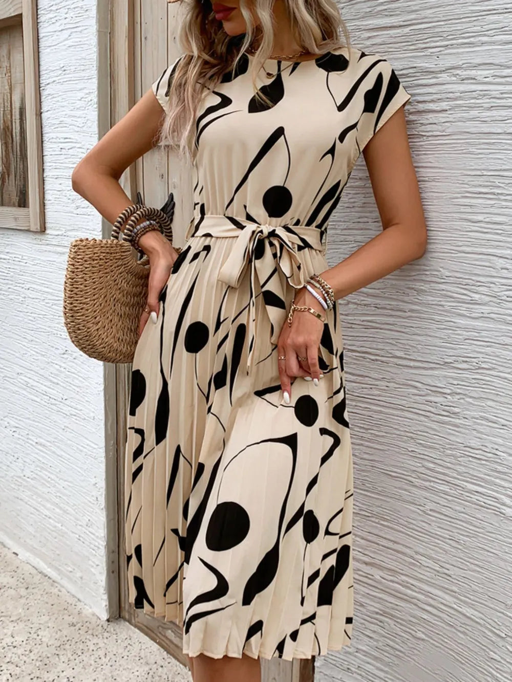 Tied Pleated Printed Midi Dress – Modest Cap Sleeve