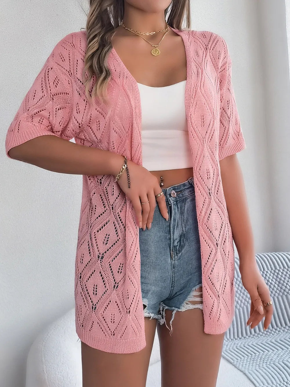 Openwork Open Front Half Sleeve Cardigan – White, Khaki & Blush Pink