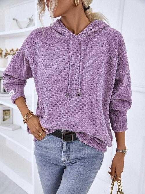 Texture Drawstring Long Sleeve Hooded Sweater -- 