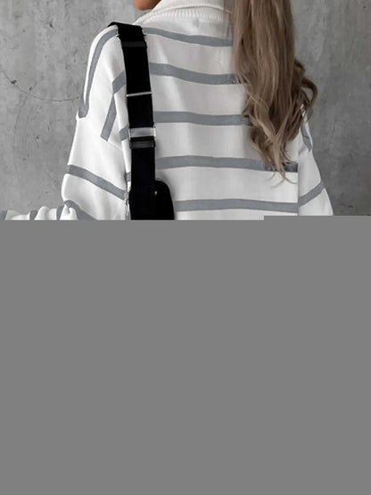 Striped O-ring Zip Collared Loose Sweater Mini Dress