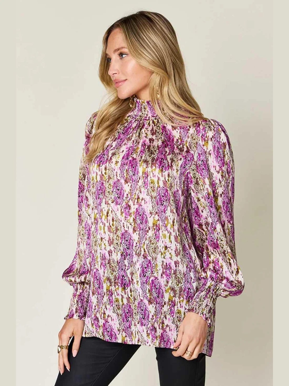 Double Take Full Size Printed Smocked Long Sleeve Blouse -- 
