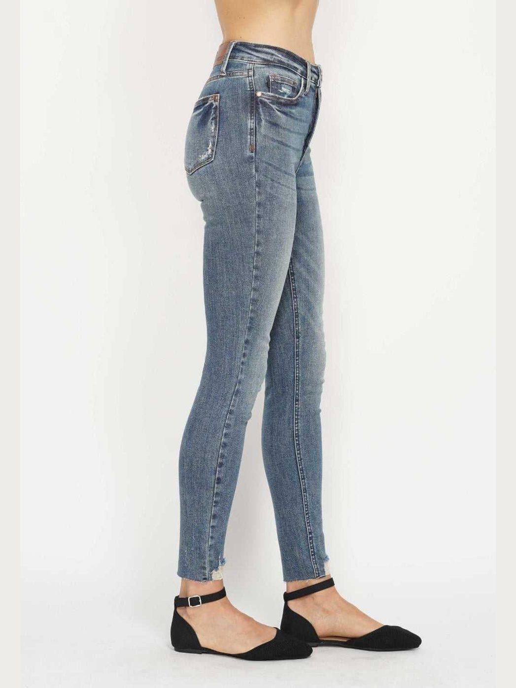 Judy Blue Full Size Tummy Control Vintage Wash Hem Destroy Skinny Jeans -- 