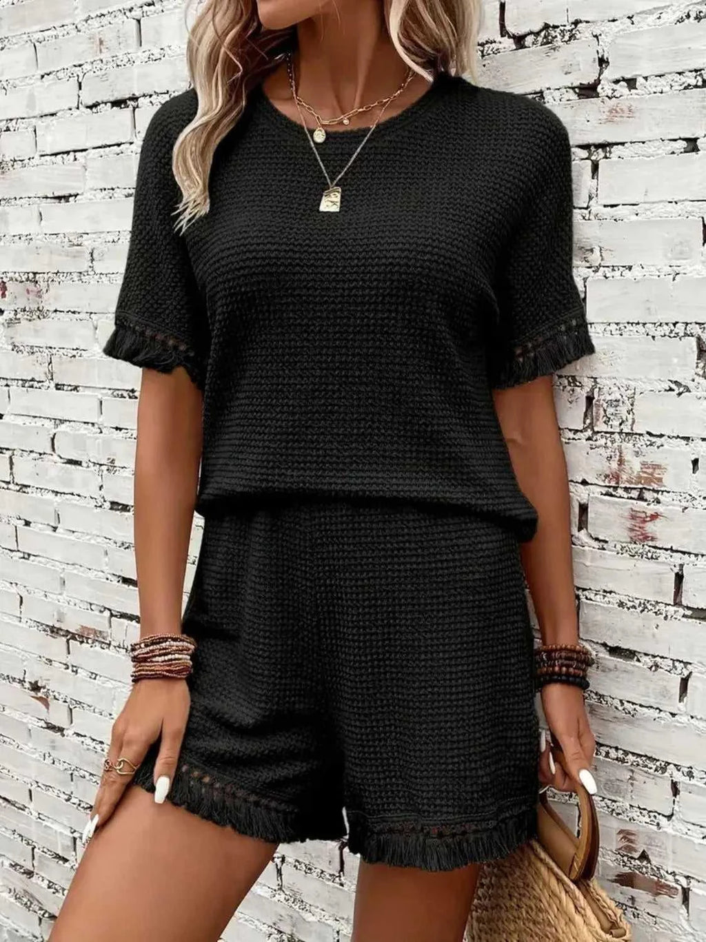 Tassel Round Neck Top and Shorts Set -- 