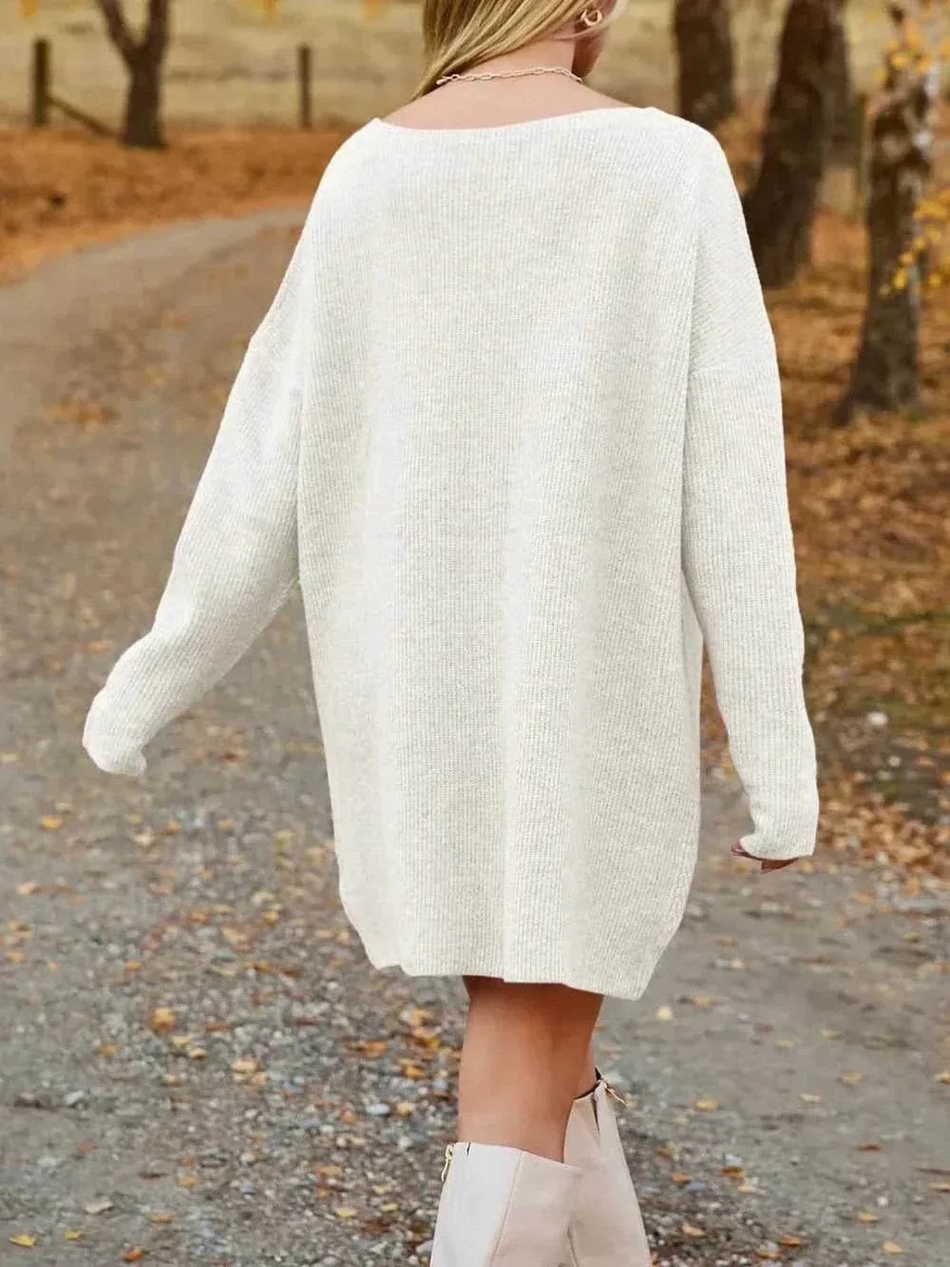 V-Neck Dropped Shoulder Sweater Dress -- 