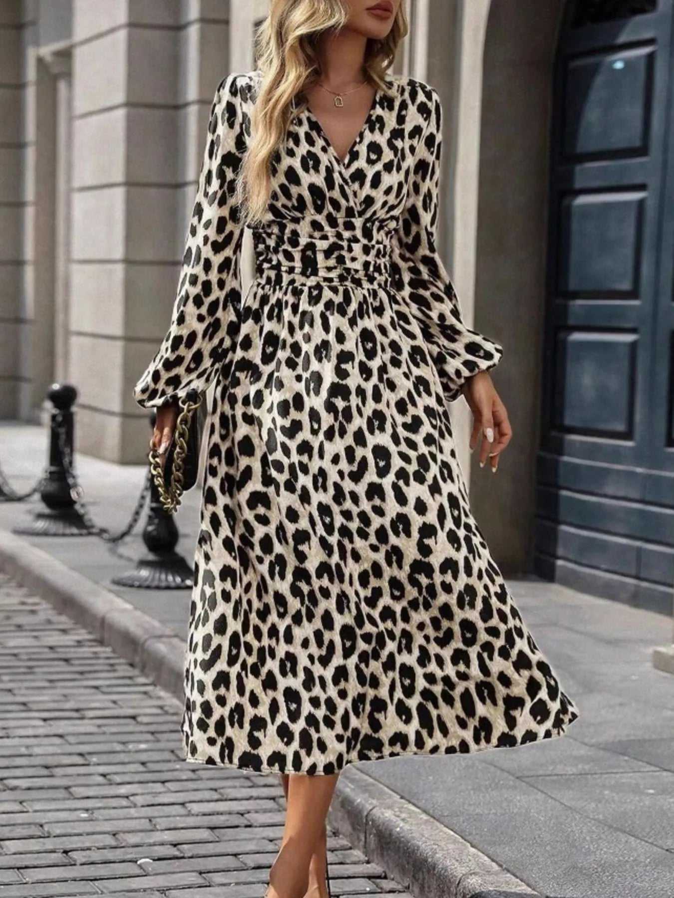 Leopard Print Long Sleeve Wrap Midi Dress