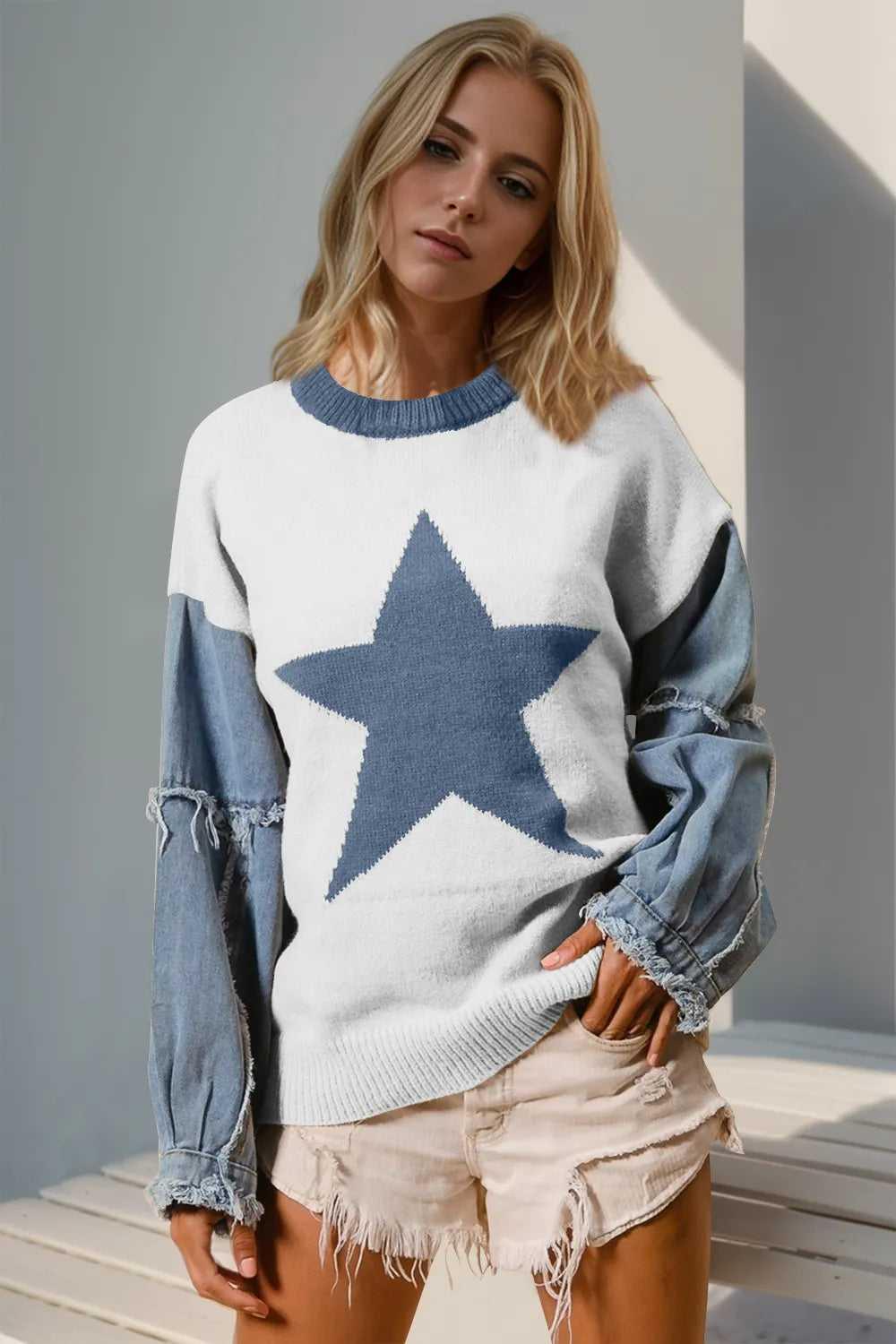Double Take Full Size Star Pattern Raw Edge Long Sleeve Sweater -- 