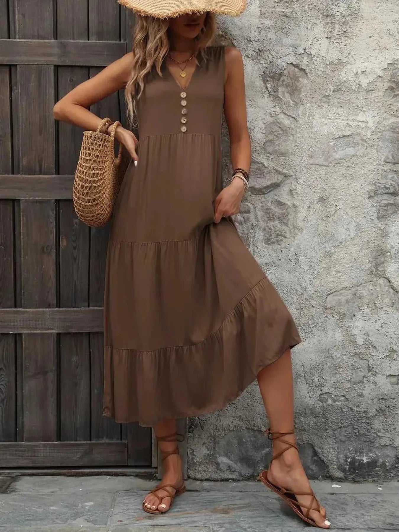 Ivy Lane Decorative Button Notched Sleeveless Dress -- 