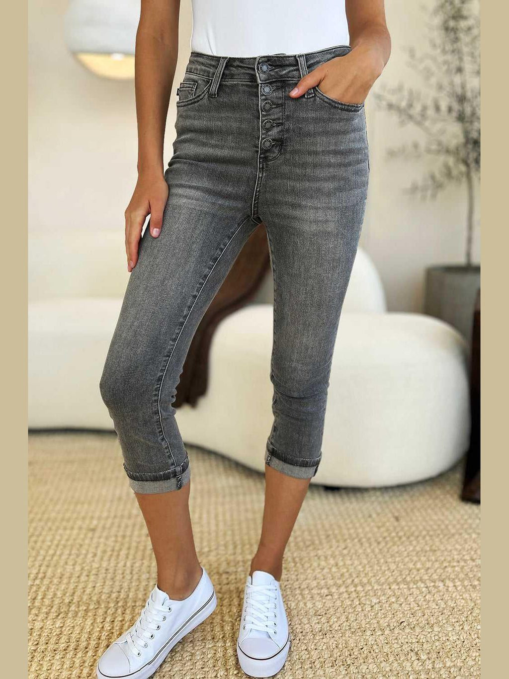Judy Blue Full Size Button Fly High Waist Cuffed Capris -- 