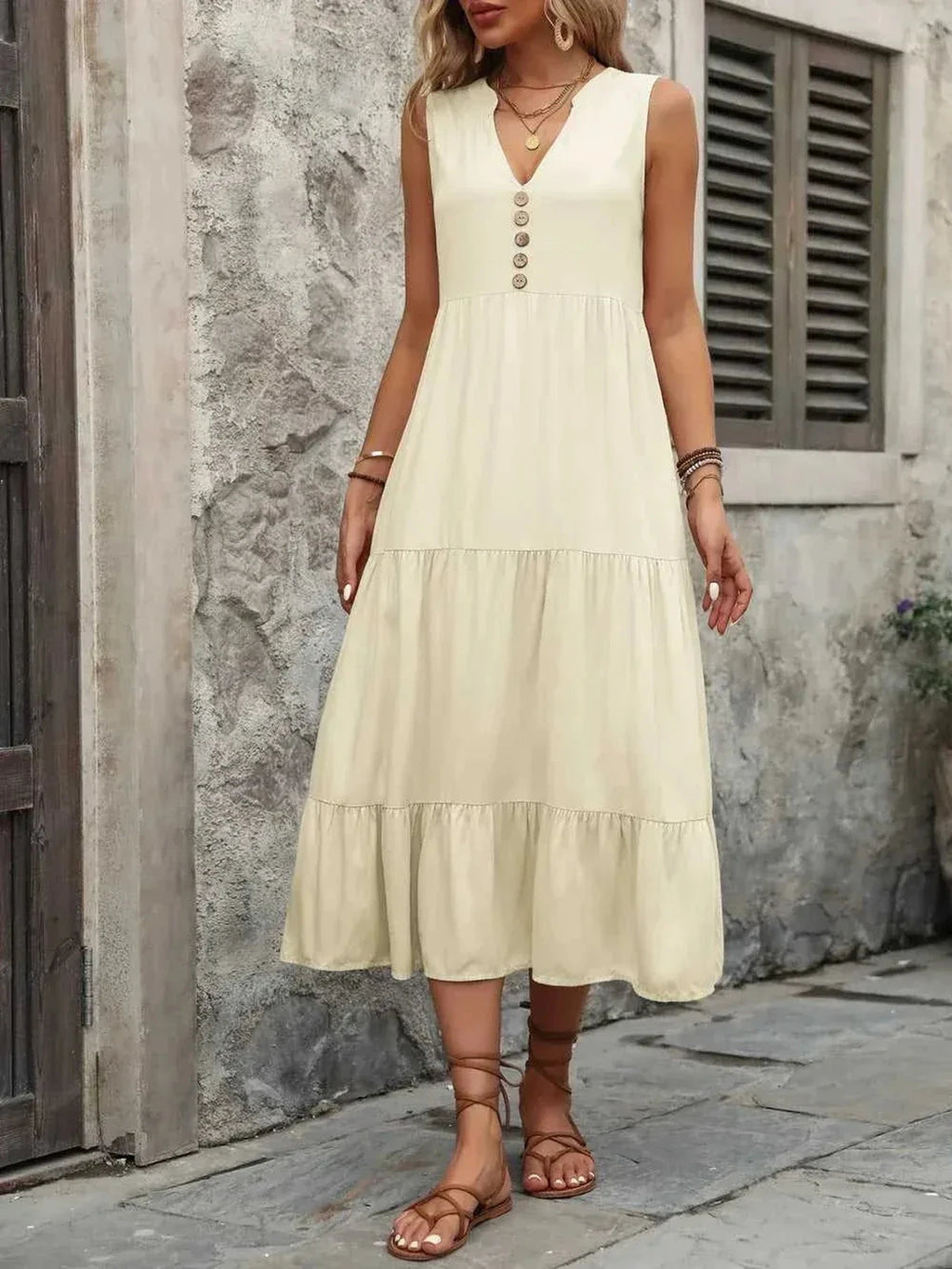 Ivy Lane Decorative Button Notched Sleeveless Dress -- 