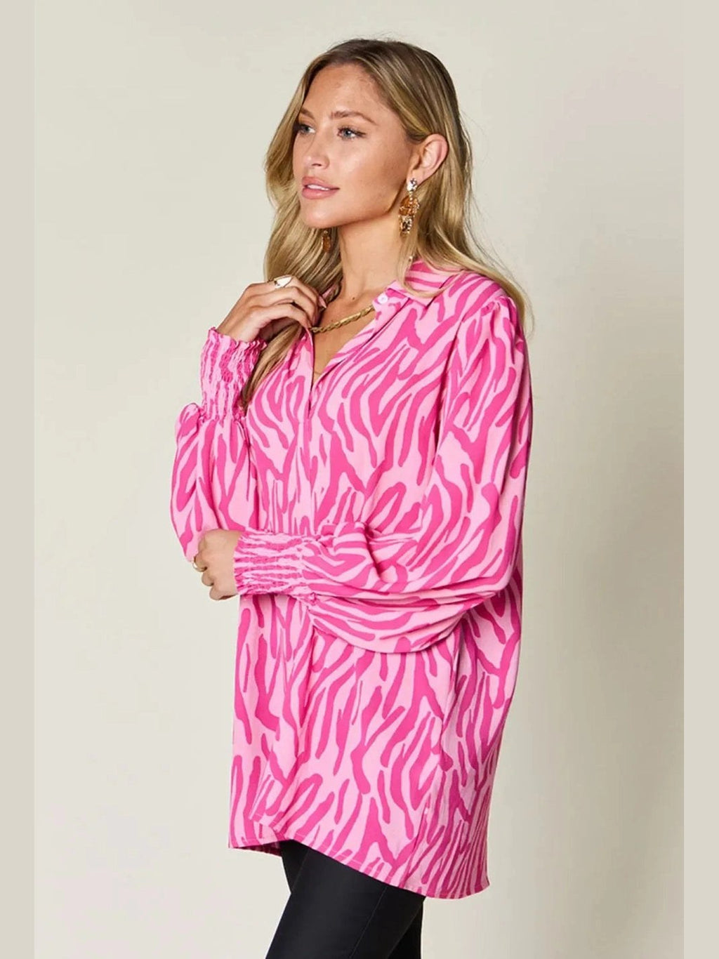 Double Take Full Size Printed Smocked Long Sleeve Blouse Plus Size -- 