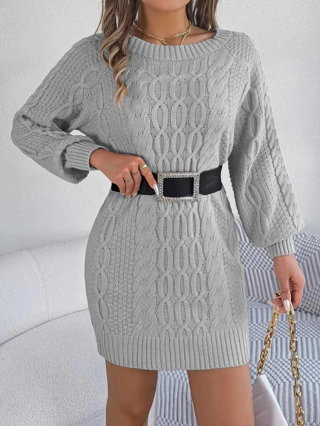 Cable-Knit Round Neck Sweater Dress -- 