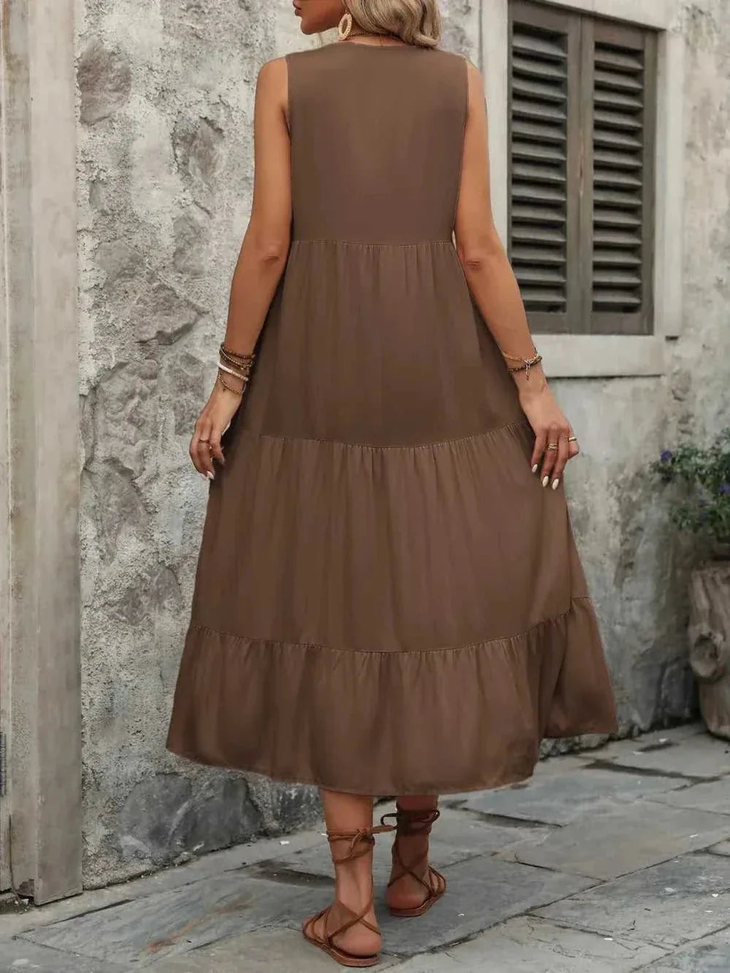 Ivy Lane Decorative Button Notched Sleeveless Dress -- 