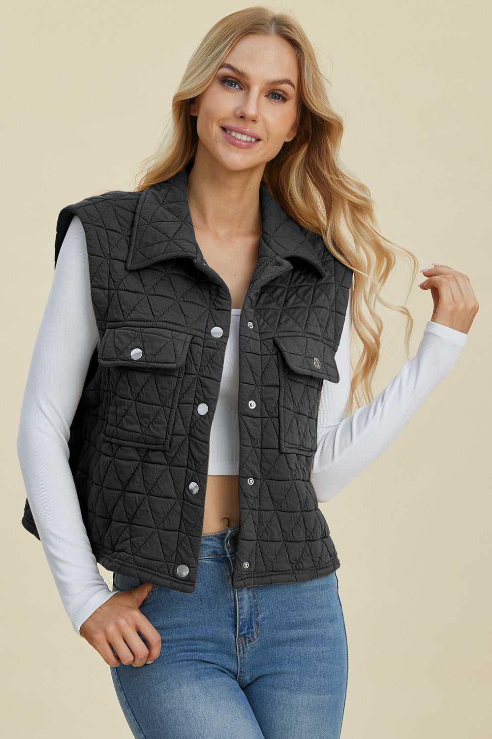 Double Take Full Size Pocketed Texture Snap Down Vest Coat -- 
