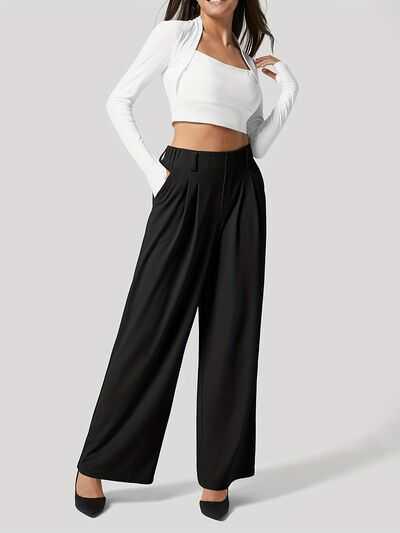Women's Wide Leg Pants with Pockets -- 