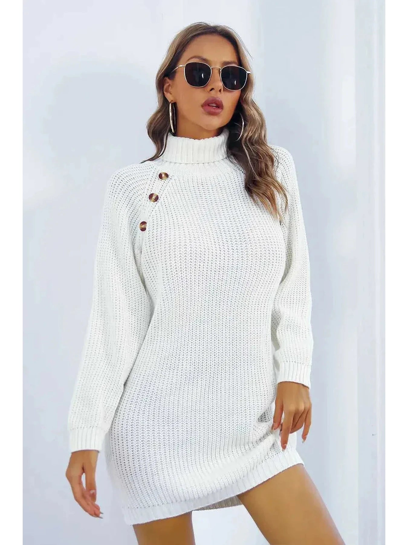 Buttoned Turtleneck Long Sleeve Sweater Dress -- 