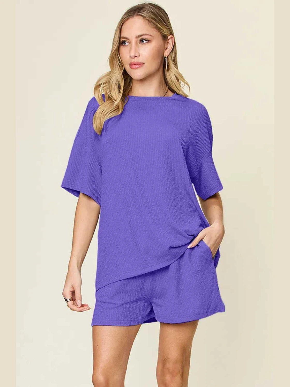 Double Take Basic style Round Neck Solid Set -- 