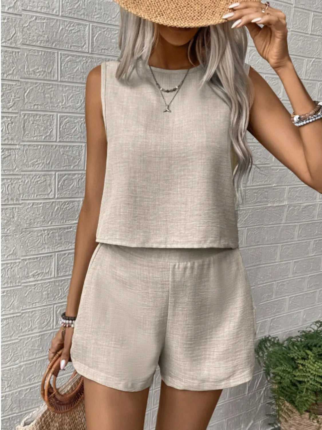 Round Neck Sleeveless Top and Shorts Set
