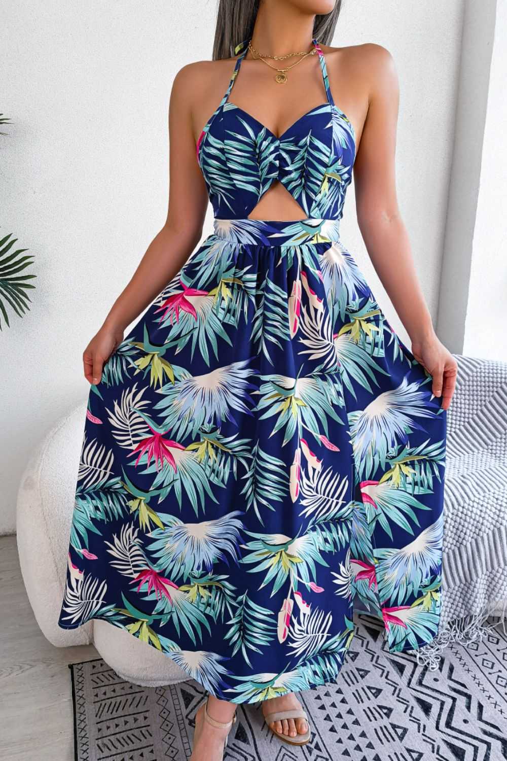 Botanical Print Tied Backless Cutout Slit Dress - product_type from hopeford-streams.myshopify.com