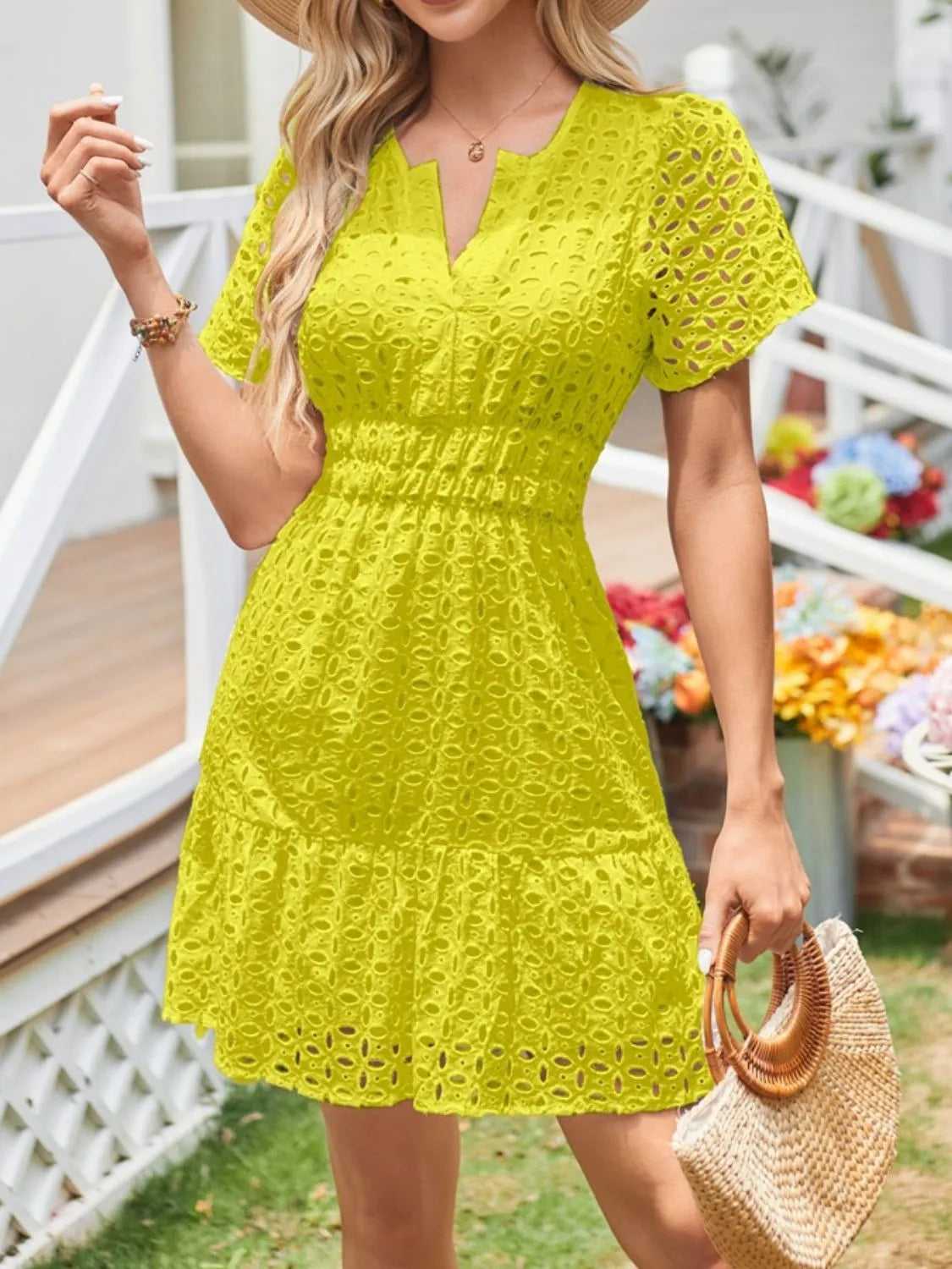 Eyelet Notched Short Sleeve Dress