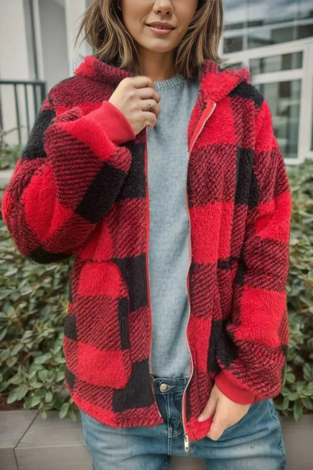 Double Take Full Size Plaid Long Sleeve Hooded Coat -- 