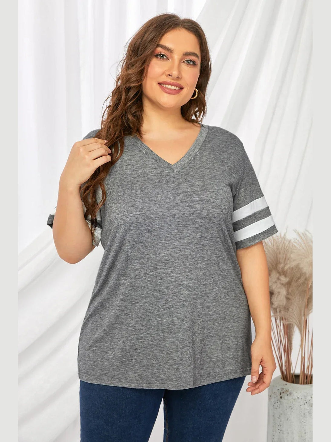 Plus Size Striped V-Neck Tee Shirt -- 