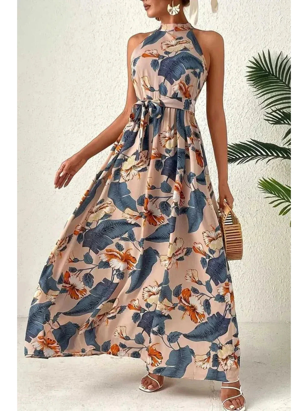 Tied Floral Sleeveless Dress -- 