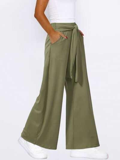 Tied Wide Leg Pants with Pockets -- 