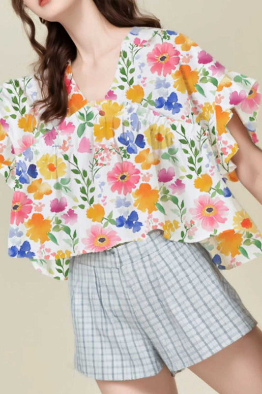 Floral Boxy Fit Ruffled Short Sleeve Blouse