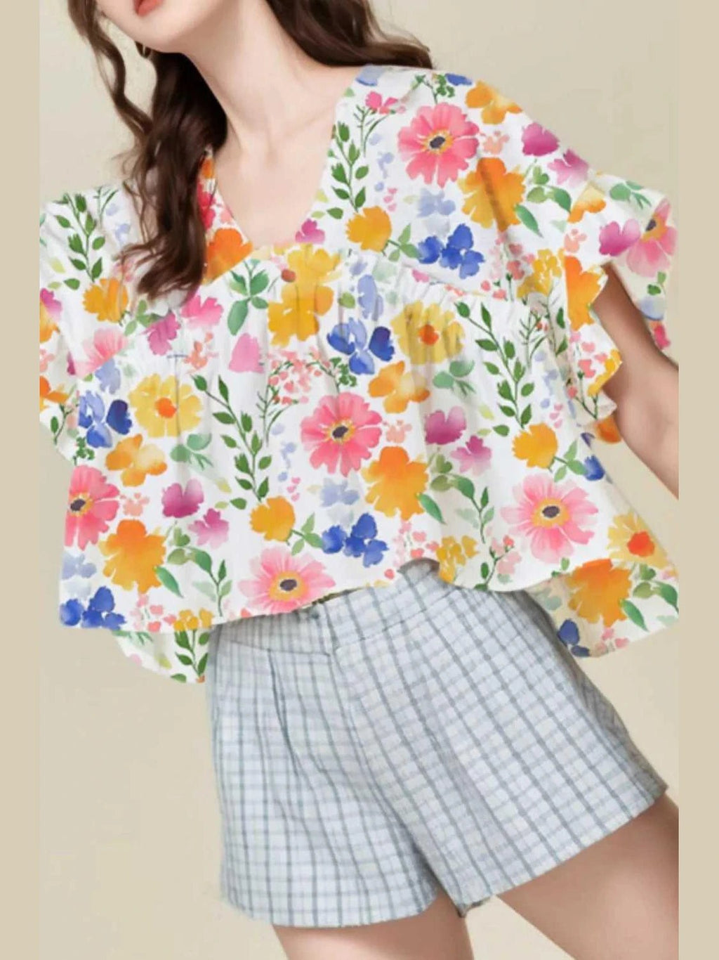 Floral Boxy Fit Ruffled Short Sleeve Blouse -- 