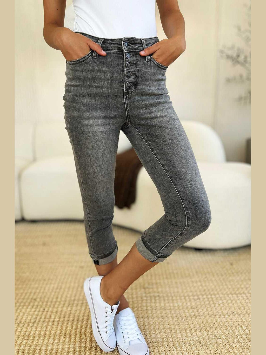 Judy Blue Full Size Button Fly High Waist Cuffed Capris -- 